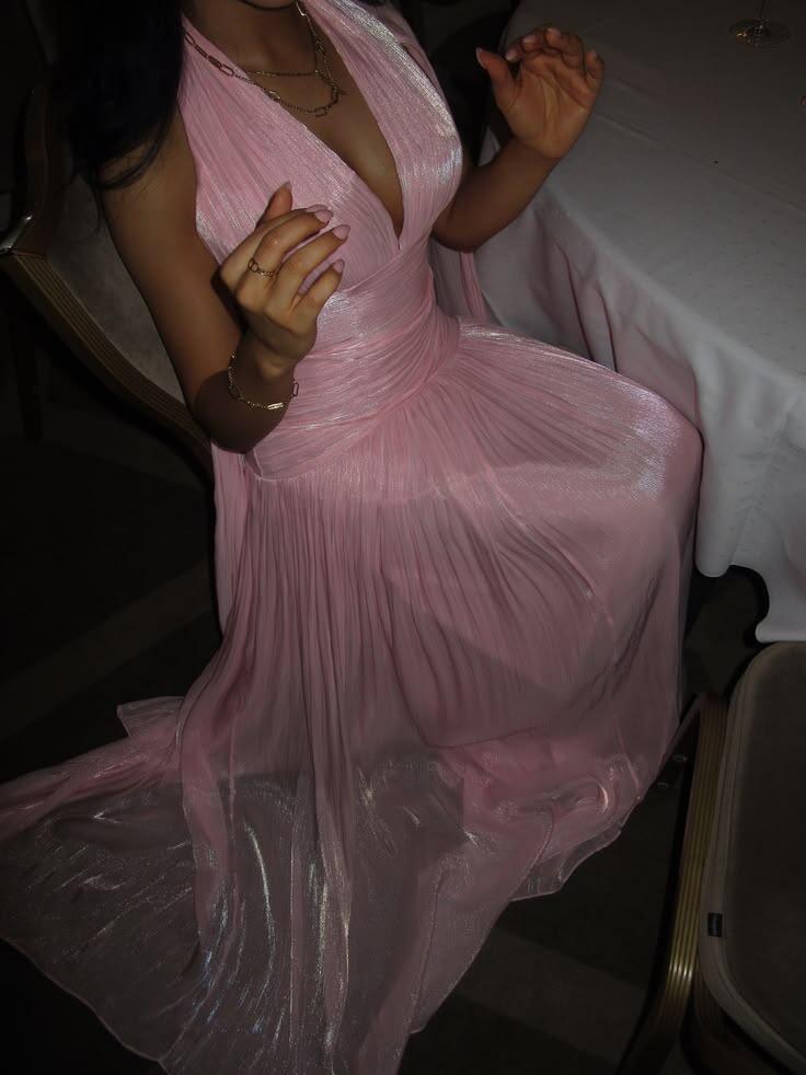 Classy Pink Tulle A Line Long Wedding Guest Dress,Halter V Neck Prom Dress D3810