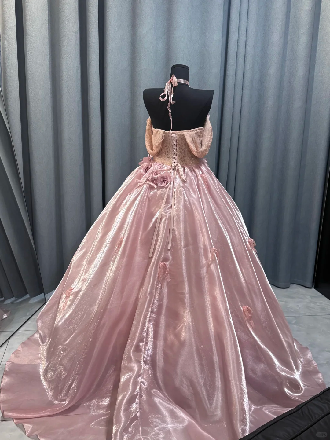 Glamorous Pink Lace Satin Ball Gown Off Shouder Sweet 16 Dress With 3D Flowers D2471