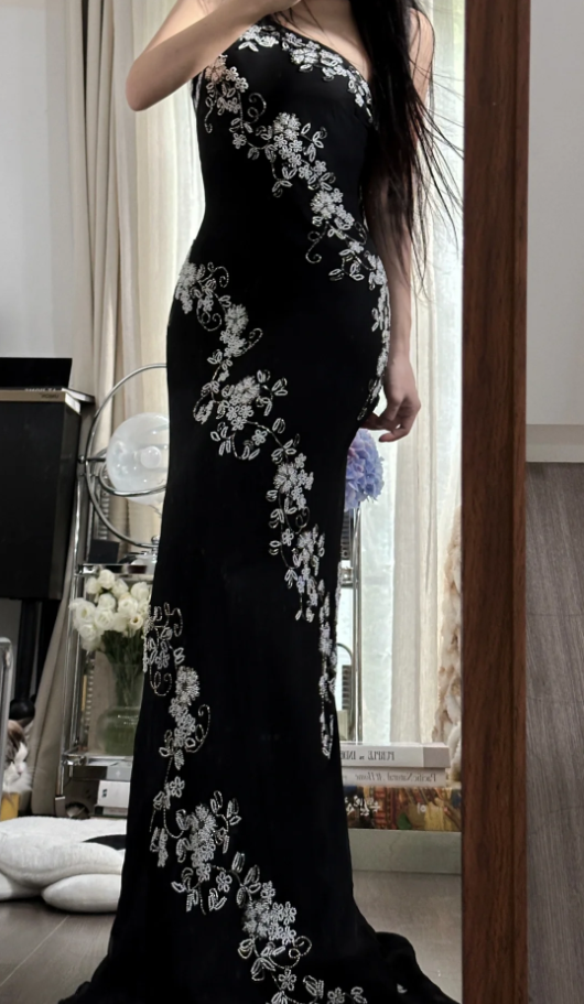 Classy One Shoulder Black Chiffon Beaded Mermaid Long Party Dress Evening Gown D2304
