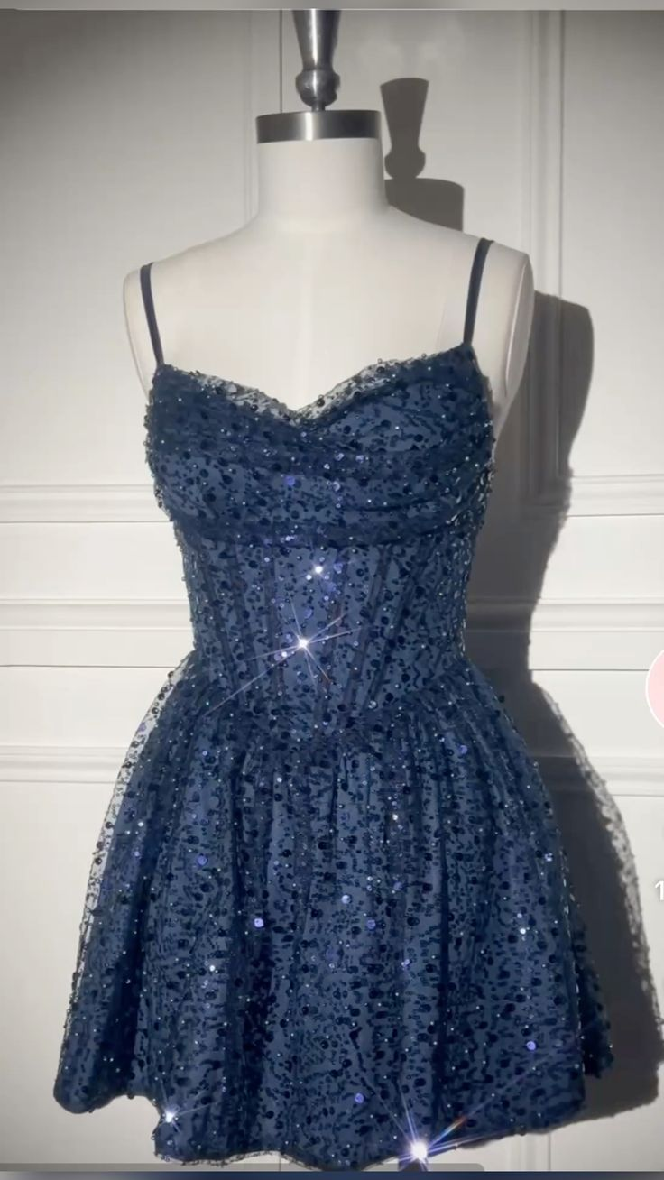Sparkly Spaghetti Straps Navy Blue Tulle Beaded Short Graduation Homecoming Dress Short Party Dress D3225