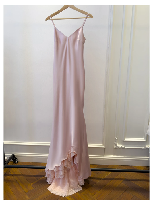 Classy Spaghetti Straps Peach Pink V Neck Satin Lace Mermaid Long Party Dress Birthday Dress D2942
