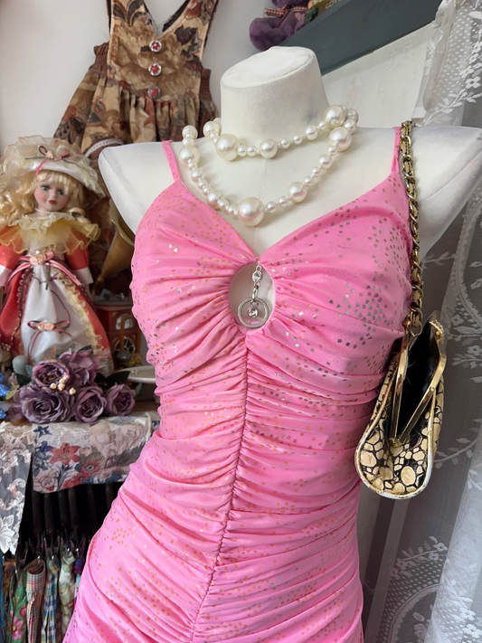 Charming Spaghetti Straps V Neck Satin Sequin Mermaid Party Dress,Pink Long Prom Gowns D2879
