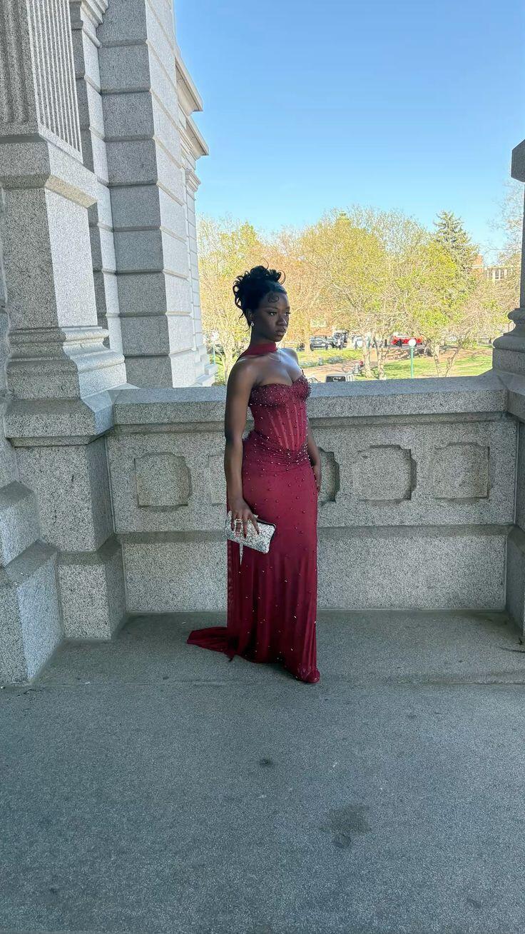 Glamorous Sweetheart Neck Chiffon Beaded Mermaid Long Evening Dress Burgundy Long Birthday Party Dress D4410