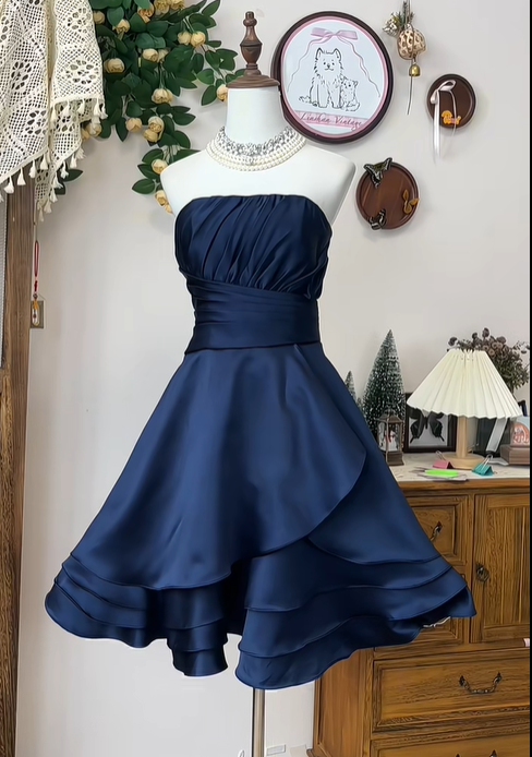 Simple Strapless Navy Blue Satin A Line Homecoming Dress Short Party Dress S457