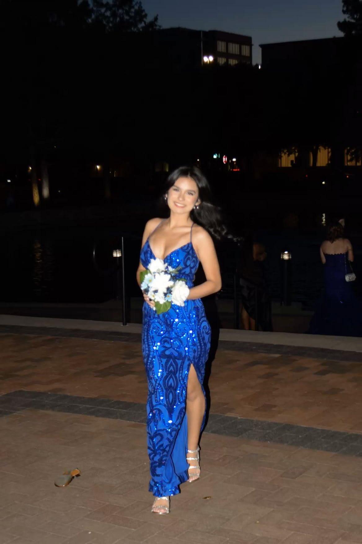 Sexy Spaghetti Strap Blue Satin Sequin Slit Long Party Dress Evening Dress D5172
