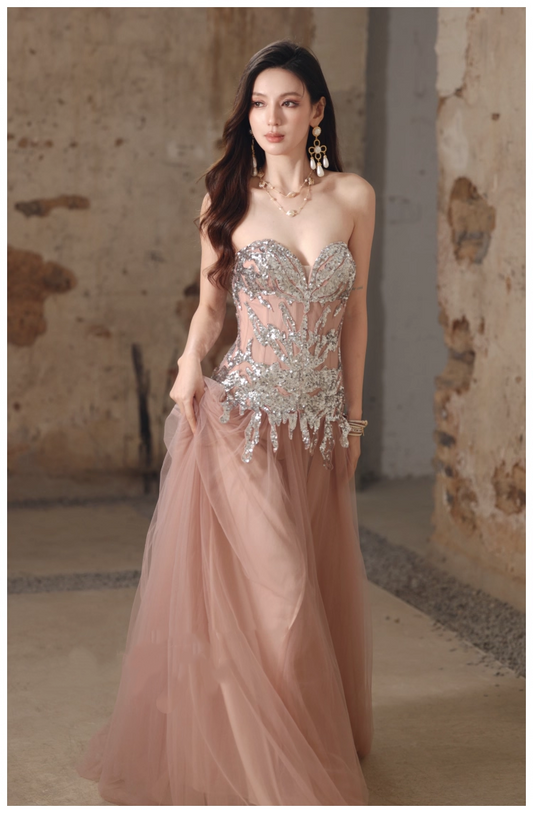 Pretty Pink Sweetheart Neck Tulle Sequin A Line Slit Long Evening Dress Party Gown D2408