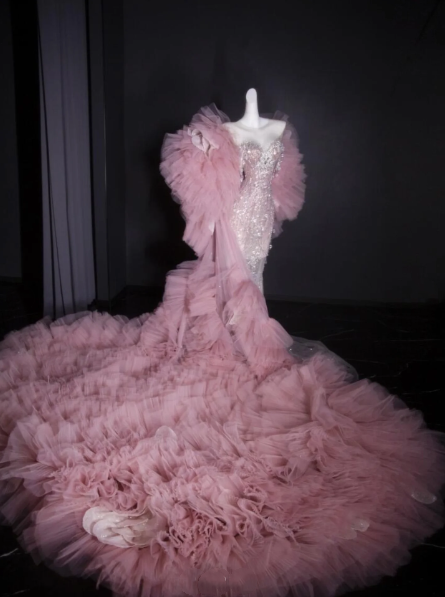 Gorgeous Strapless Pink Sequin Beaded Mermaid Long Evening Dress Party Dress With Cape D1196