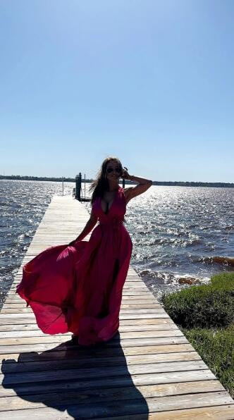 Sexy V Neck Hot Pink Satin Slit Long Party Dress Prom Gown D4101