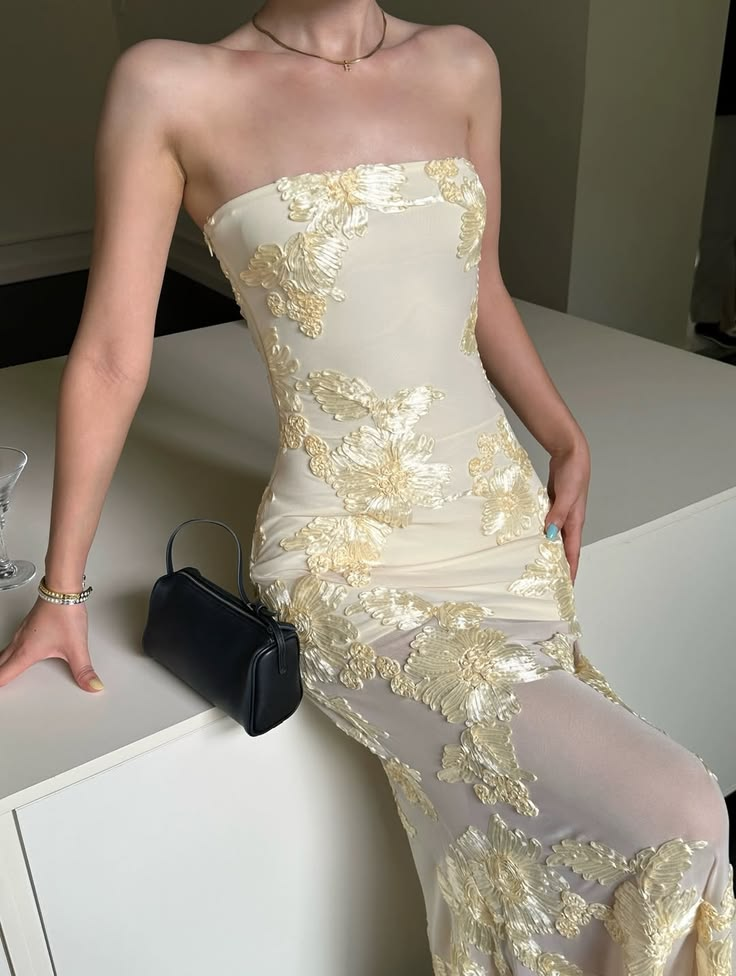 Unique Yellow Strapless Chiffon Floral Mermaid Long Party Dress Yellow Long Prom Dresses D4299