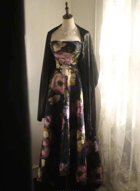 Pretty Strapless Satin Rose Print Floral Long Birthday Party Dress Evening Gown D2205