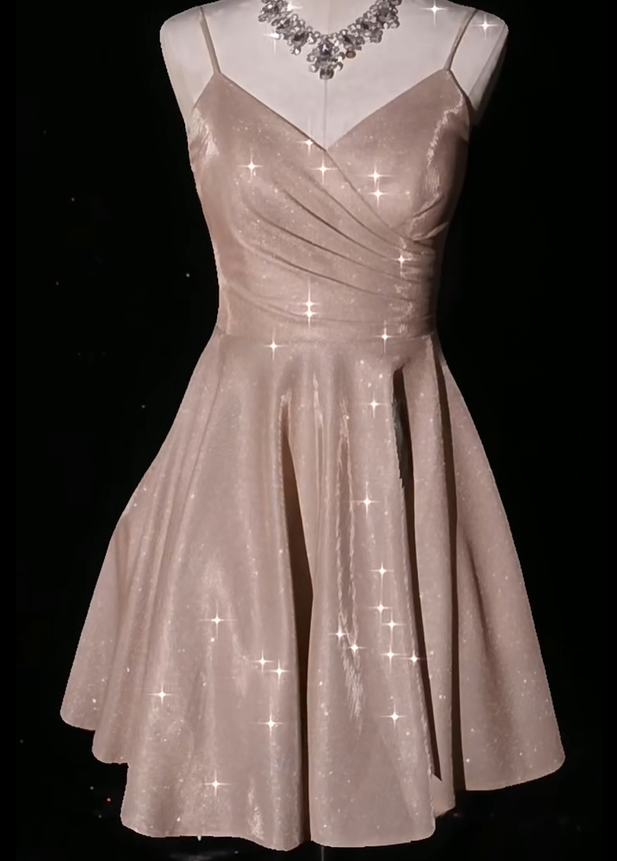 Charming Blush Pink Spaghetti Straps V Neck Satin A Line Short Homecoming Dress Cocktail Dress S975