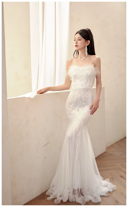 Classy Feathers Strapless White Tulle Sequin Mermaid Long Evening Dress Prom Dresses D2398