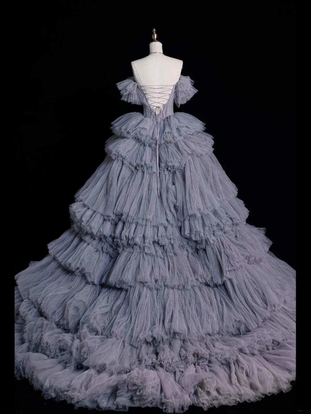 Modest Ball Gown Off The Shoulder Grey Blue Tulle Layered Birthday Quinceanera Dress Sweet 16 Dress D4529