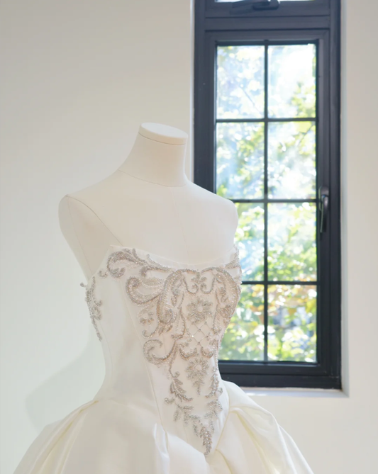 Elegant Strapless White Satin Beaded Ball Gown Long Wedding Dress D2157