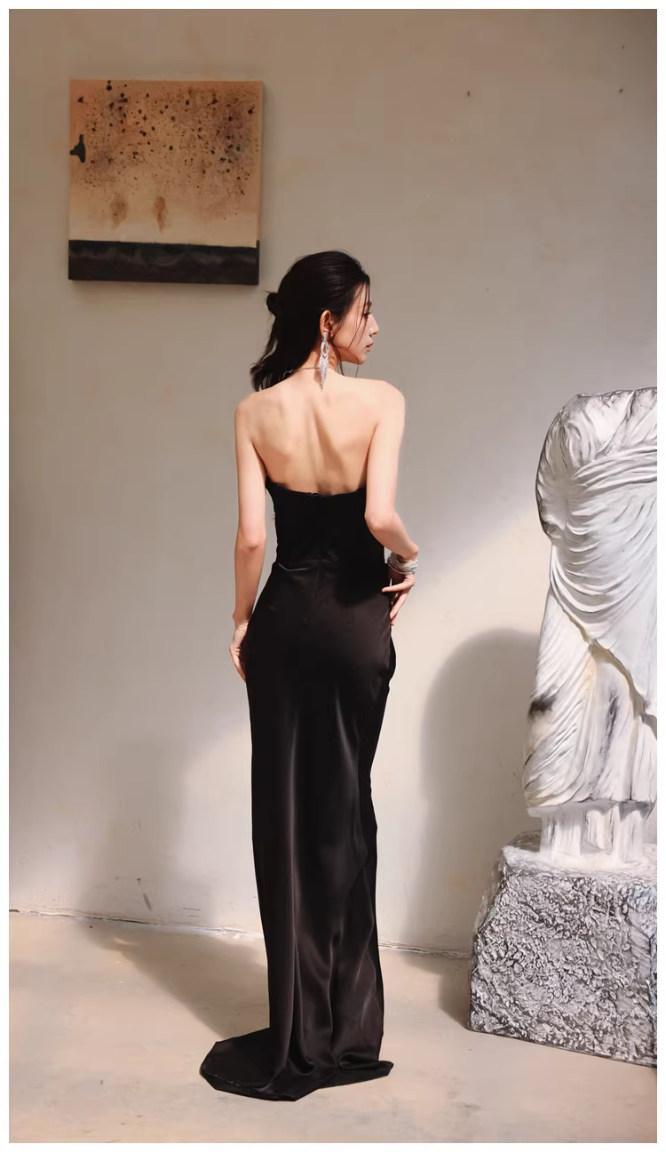 Fashion Black Strapless Satin Sequin Beaded Mermaid Evening Dress Long Wedding Guest Dress D2453