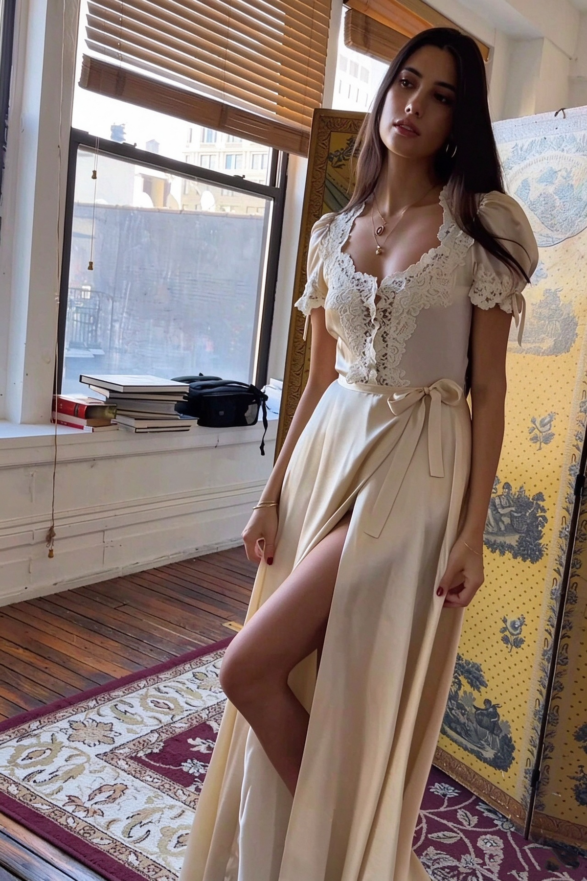 Pretty Lace Satin Slit A Line Long Party Dress Light Champagne Long Birthday Prom Gowns D5116