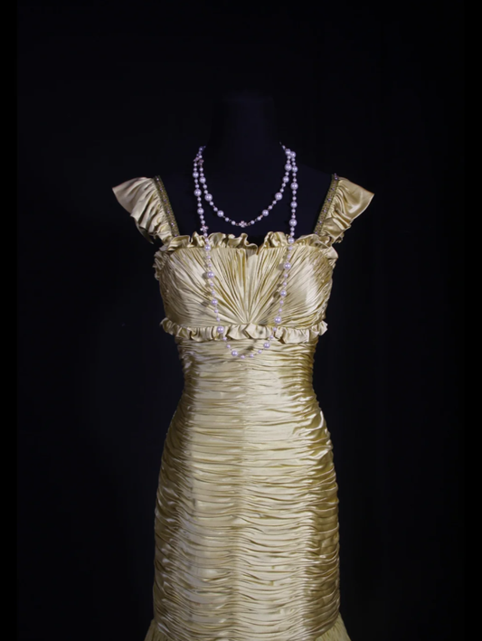 Chic Yellow-Green Satin Pleated Mermaid Long Party Dress Evening Gown D2255