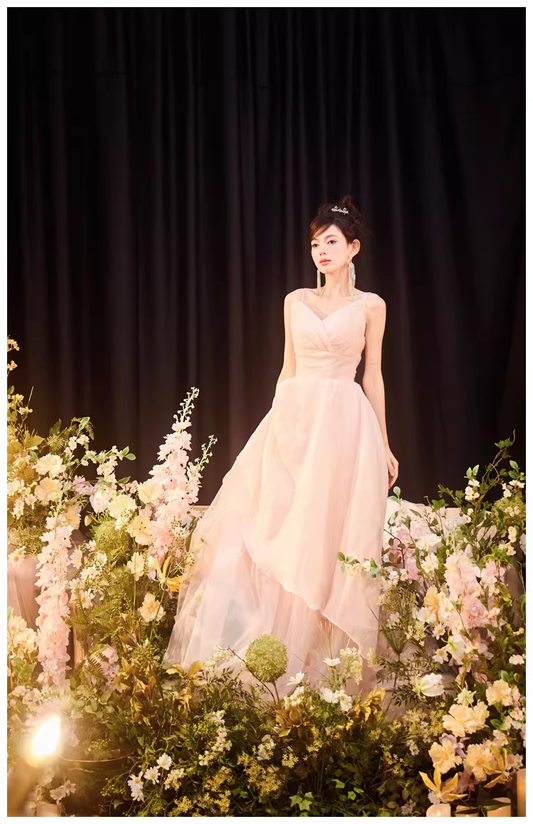 Sweet Pink Spaghetti Straps Tulle Beaded A Line Long Evening Dress Formal 20th Birthday Outfits D2457