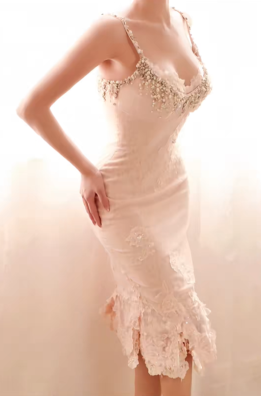 Classy Spaghetti Straps Satin Lace Beaded Sheath Slit Party Dress Evening Gown D2726