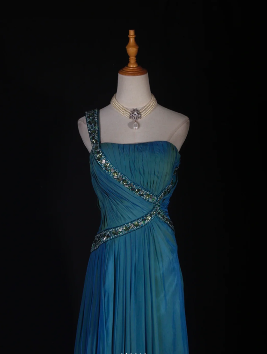 Unique Blue One Shoulder Satin Pleated Beaded Mermaid Prom Dress Long Birthday Evening Gowns D2289