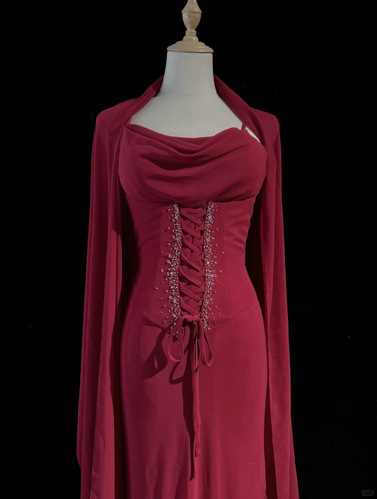 Elegant Burgundy Spaghetti Straps Chiffon Beaded Mermaid Long Party Dress,Formal Wedding Guest Dress D2845