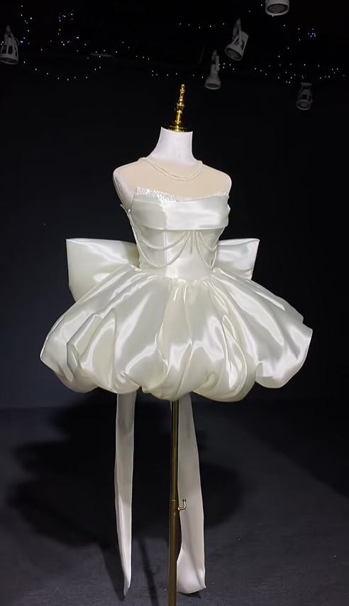Charming White Strapless Satin Beaded A Line Short Birthday Dress Homecoming Dress With Bow D3146