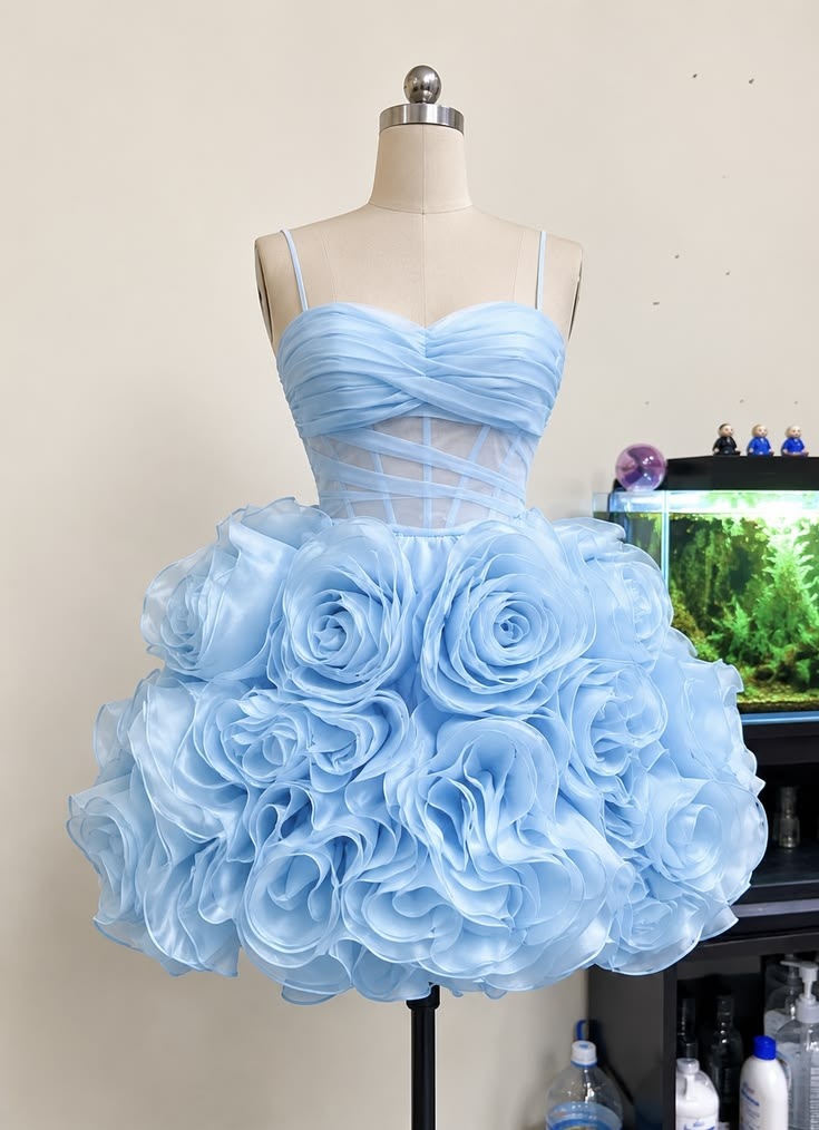 Charming Blue Spaghetti Straps Tulle Rose Floral A Line Homecoming Dress,Formal 16th Birthday Outfits D3138