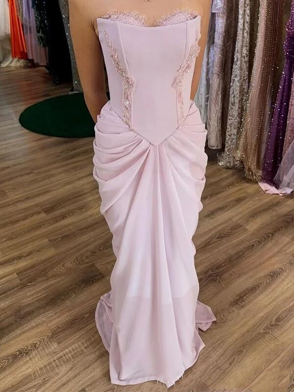 Charming Strapless Pink Satin Chiffon Mermaid Long Party Dress Evening Dress D4497