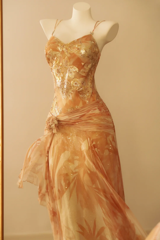 Shiny Spaghetti Straps Chiffon Sequin Beaded Mermaid Party Dress Long Birthday Prom Gown D2786
