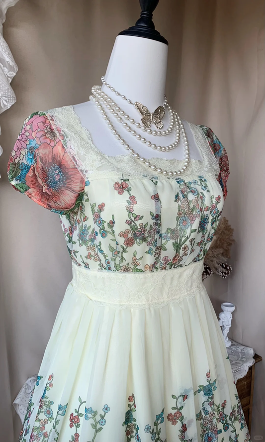 Chic Square Neck Lace Chiffon Print Floral A Line Short Homecoming Dress Birthday Outfits D3185