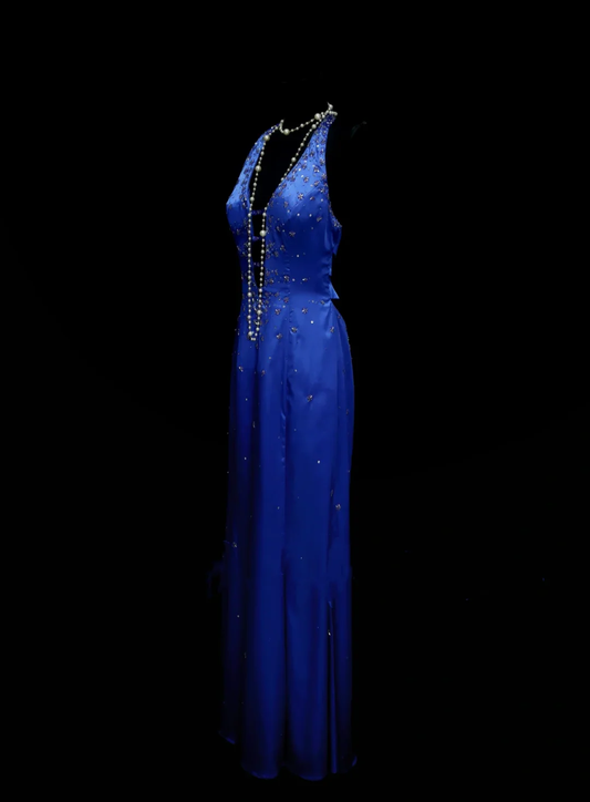 Sexy Halter Royal Blue Satin Beaded Long Evening Dresses Long Mermaid Party Dress D4512