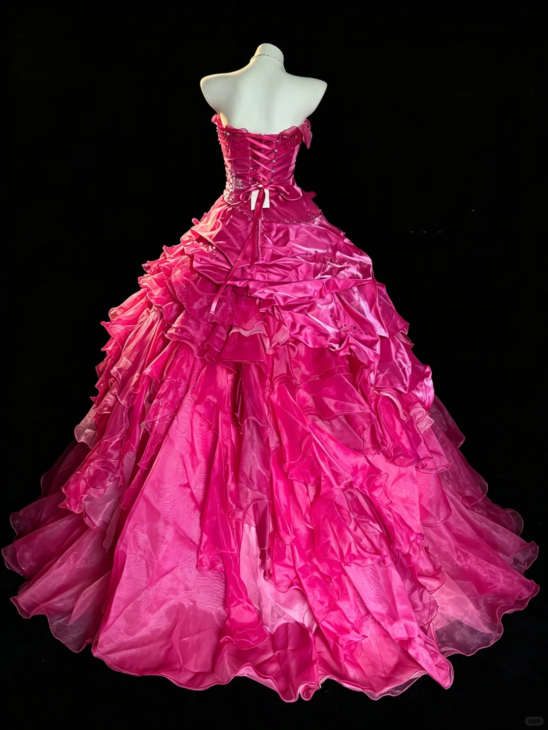 Chic Strapless Ball Gown Hot Pink Satin Tulle Ruffle Sequin Birthday Quinceanera Dress D5286
