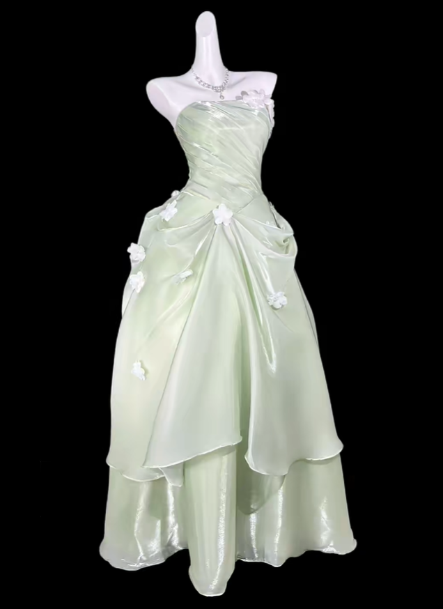Glamorous Green Strapless Tulle Pleated Appliques Long Party Dress Birthday Prom Gown D4171