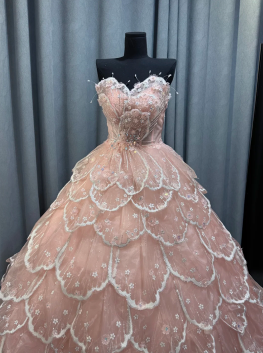 Gorgeous Pink Strapless Tulle Sequin Beaded Sweet 15 Dress Formal Quinceanera Dress D2470