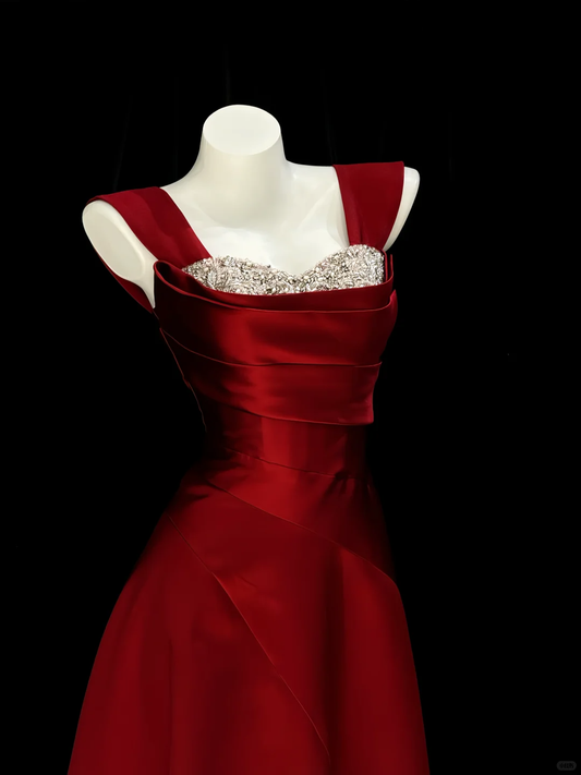 Fashion Red Satin Pleated Beaded A Line Long Party Dress Evening Gown D2917