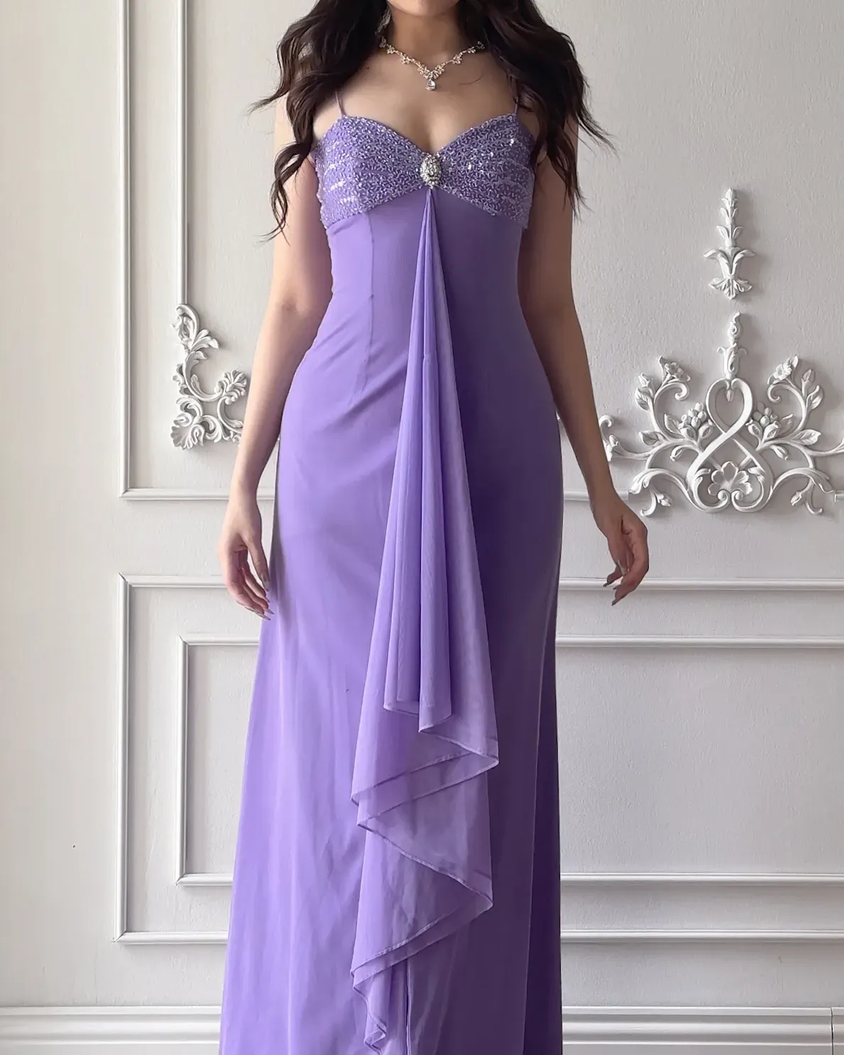 Charming Spaghetti Straps Chiffon Beaded Party Dress,Lavender Mermaid Long Evening Gown D5414