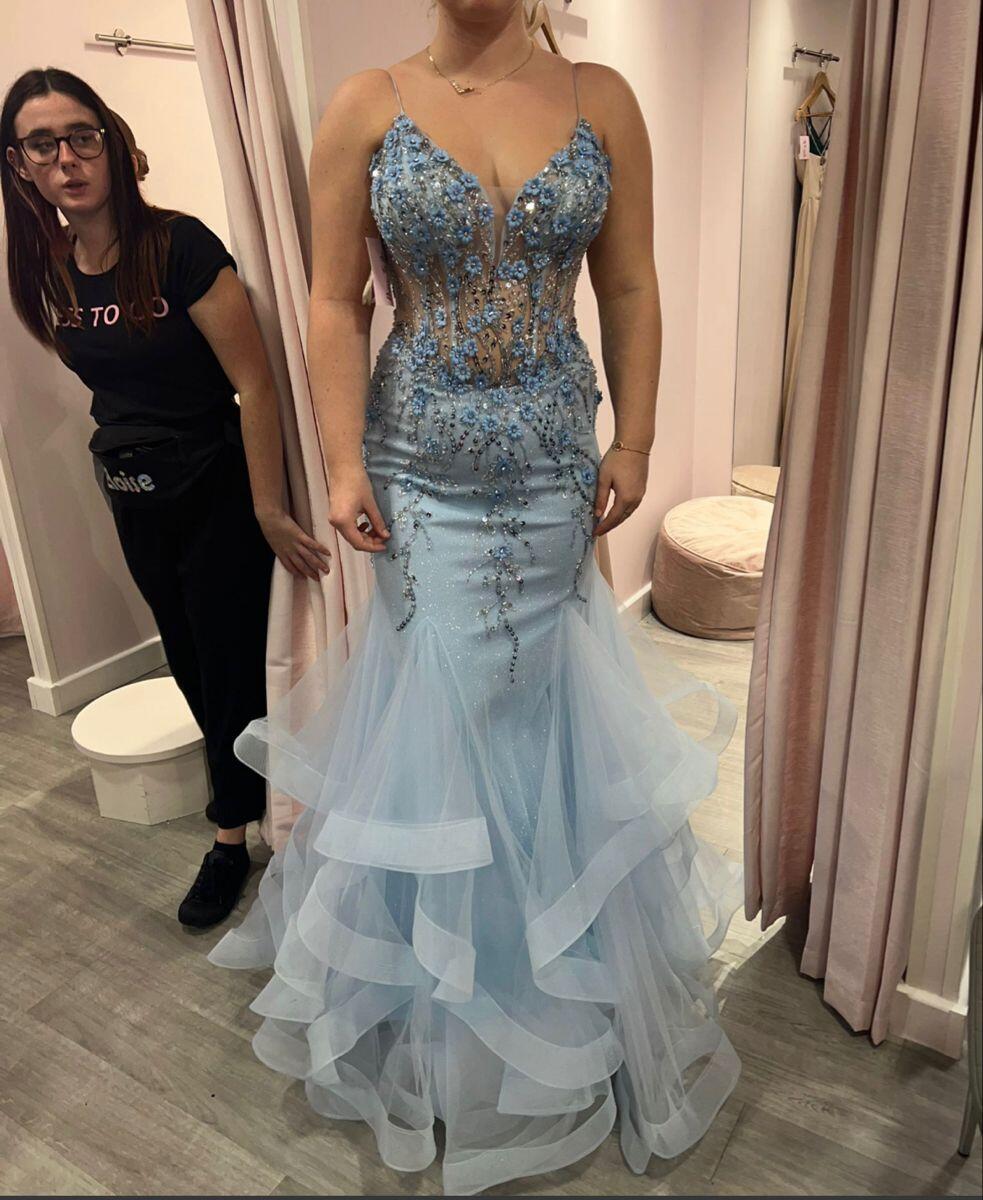 Pretty Spaghetti Straps Blue Tulle Beaded Floral Mermaid Long Party Dress Birthday Prom Dress D5071