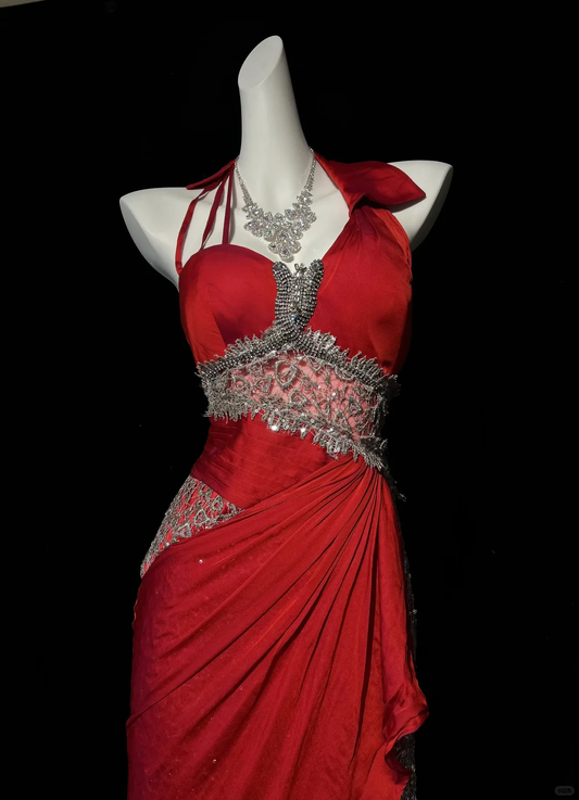 Gorgeous Halter Chiffon Lace Beaded Mermaid Prom Dress,Red Long Party Dress D2837