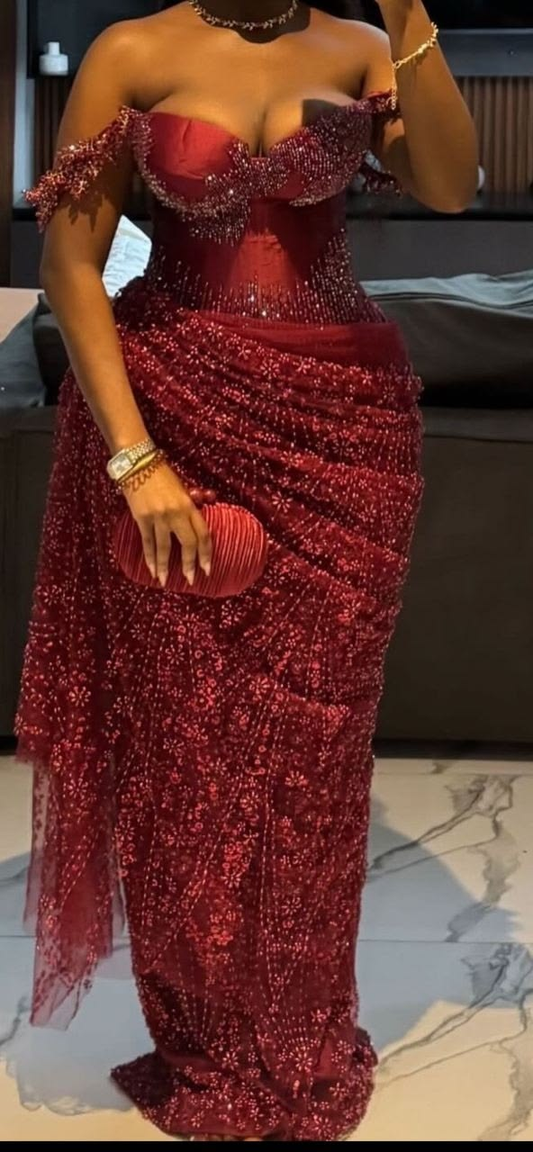 Retro Burgundy Tulle Beaded Sheath Long Evening Dress,Off The Shoulder Birthday Prom Dress D2973