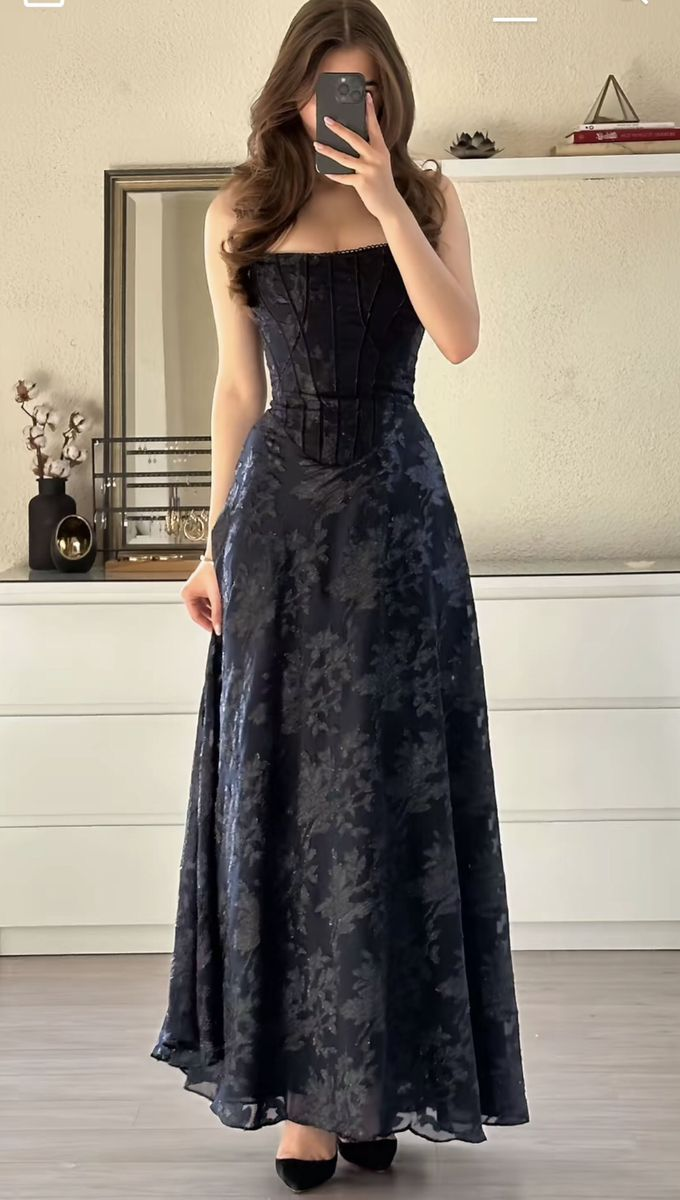 Fashion Dark Navy Blue Satin Lace A Line Long Wedding Guest Dress Formal Birthday Party Dress D4289