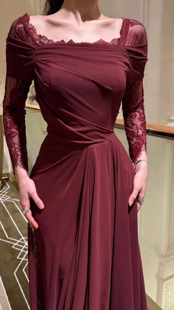 Charming Burgundy Chiffon Lace A Line Long Wedding Guest Dress Formal Birthday Party Dress D1460