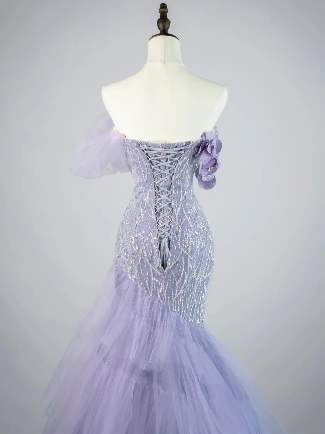 Glamorous Off The Shoulder Lilac Tulle Sequin Beaded Mermaid Long Evening Dress Party Gown D4525