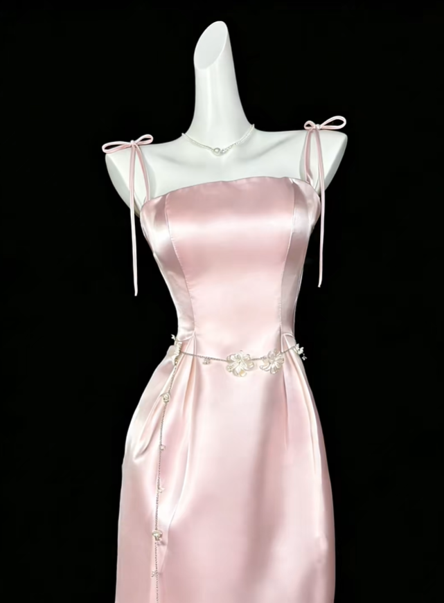 Pretty Spaghetti Straps Pink Satin Sheath Long Party Dress Evening Gown D4190