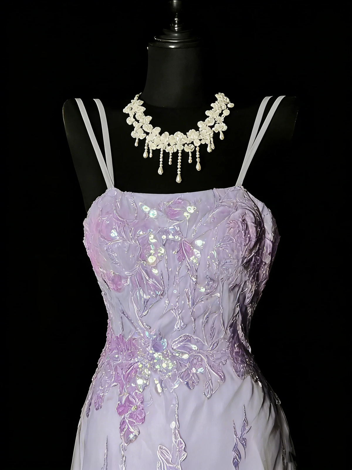 Pretty Spaghetti Straps Lilac Tulle Sequin Lace Appliques Mermaid Long Party Dress Birthday Evening Dress D4884