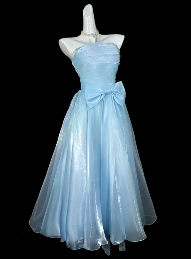 Elegant Strapless Blue Tulle Bow A Line Party Dress Long Birthday Prom Gowns D4184