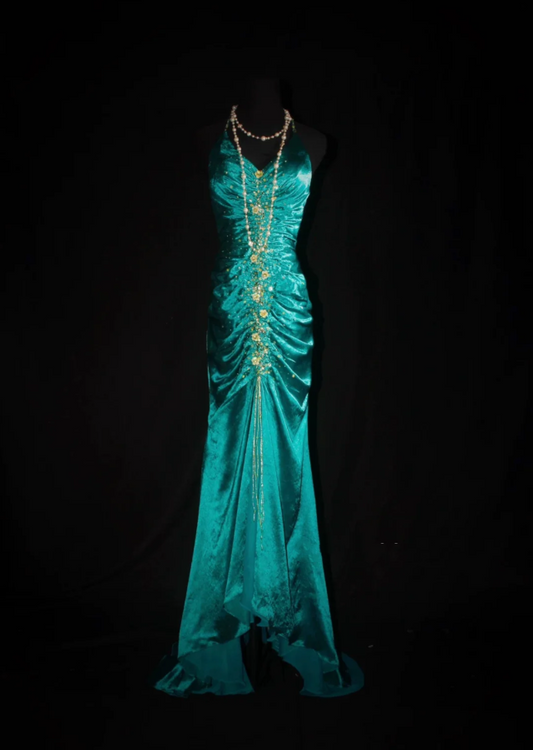 Vintage Emerald Green Halter V Neck Satin Beaded Appliques Mermaid Long Wedding Guest Dress,Formal party Dress Birthday Prom Dress D2003