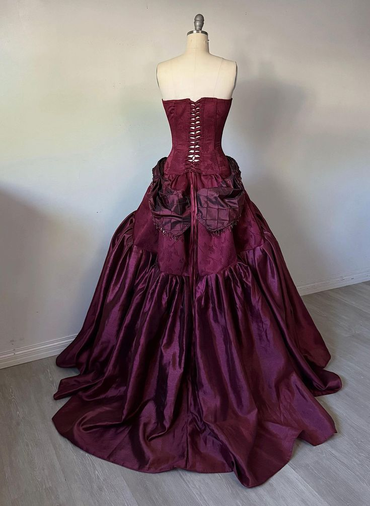 Gorgeous Strapless Ball Gown Burgundy Satin Beaded Long Evening Dress Party Gown D1900