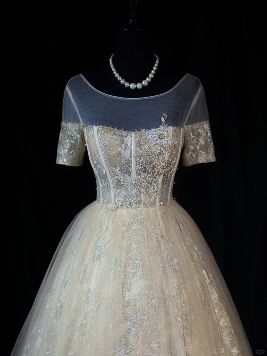 Gorgeous Gold Tulle Lace Embroidery Beaded A Line Long Birthday Prom Dress Evening Gown D2508