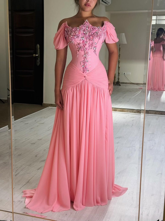 Cute Off The Shoulder Pink Chiffon Beaded Mermaid Long Party Dress Evening Gown D1304