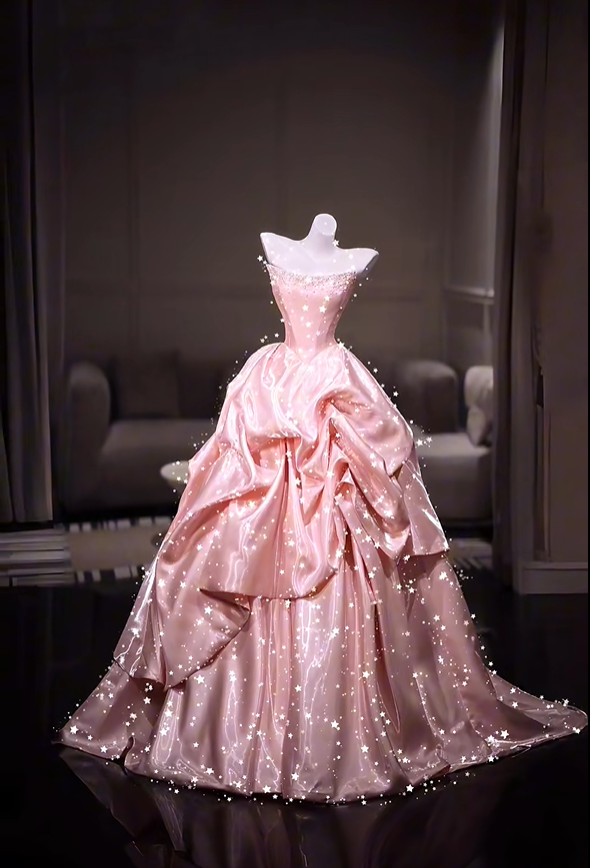 Glamorous Strapless Satin Beaded Evening Dress Pink Long Birthday Party Dress D5205